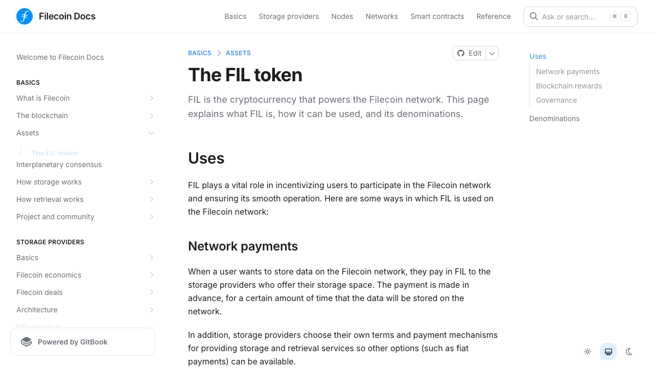 Filecoin DocsのFIL token解説ページ