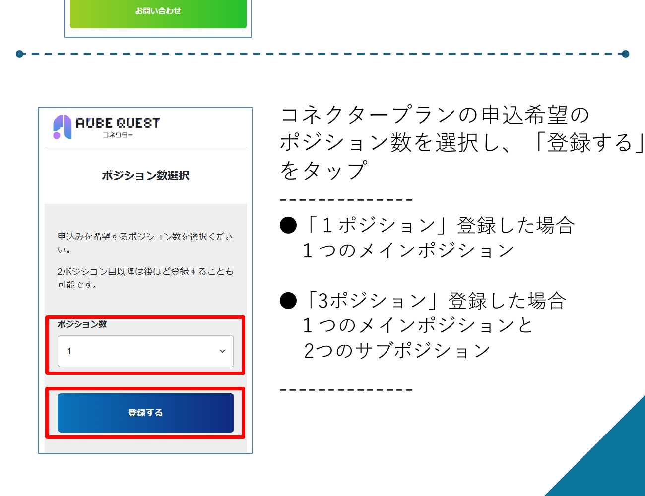 AUBEクエストコネクタープランの1ポジションと3ポジション